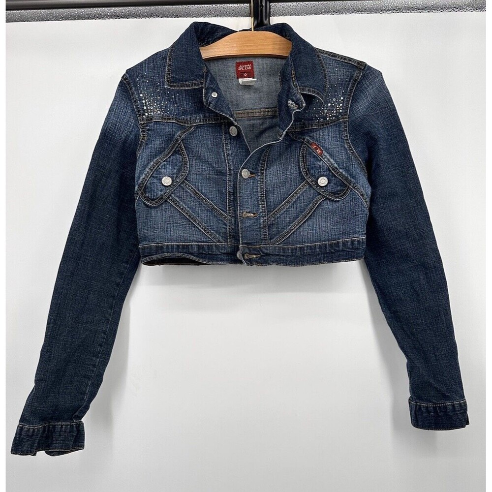 Judy Blue Couture‎ Crop Denim Jacket Women’s Small Y2K Rhinestone Biker Grunge